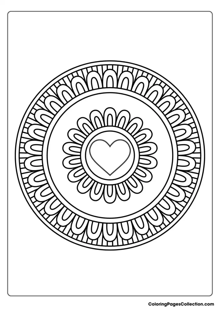 Mandala coloring page with heart in center