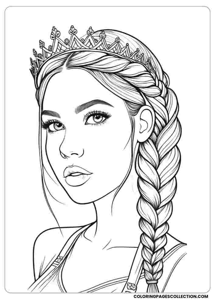 Black-and-white princess portrait with crown and braid