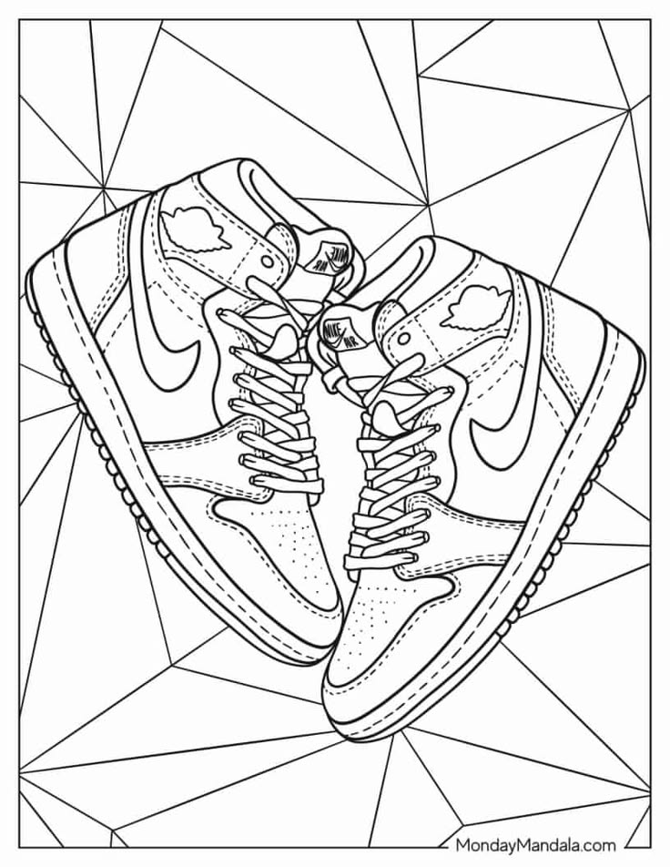 Black-and-white drawing of two high-top sneakers.
