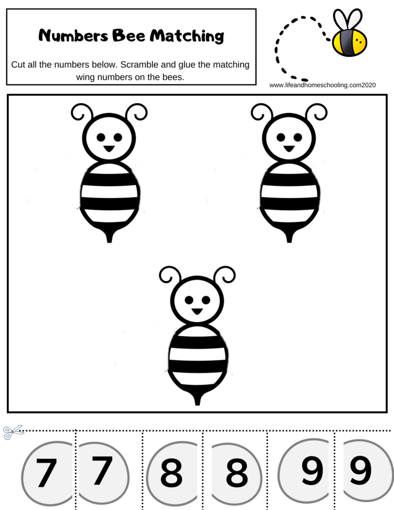 Bee number matching worksheet with three cartoon bees and numbers 7-9