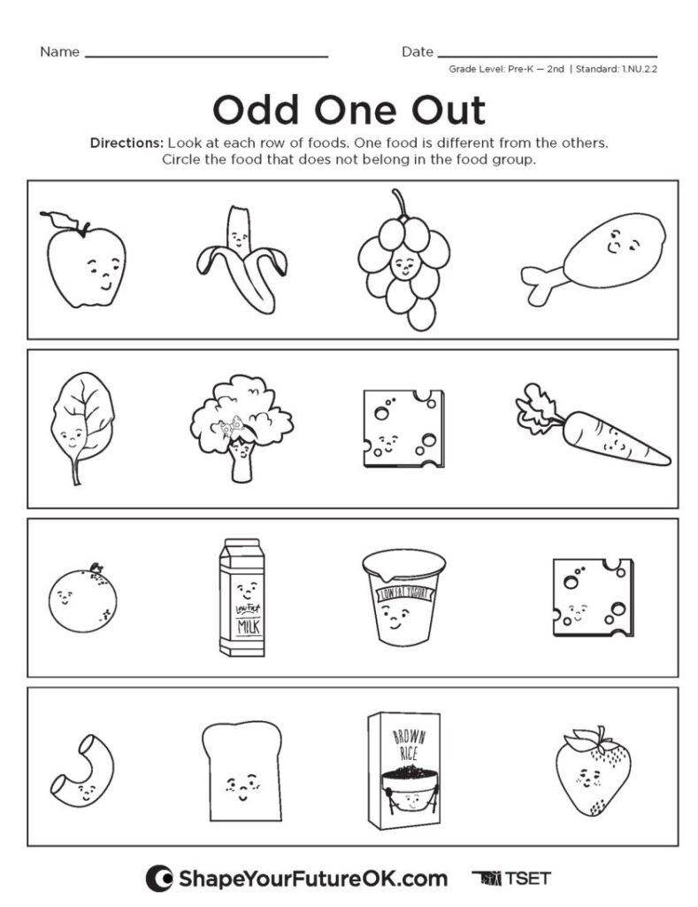 Odd One Out food worksheet with cartoon produce and dairy rows
