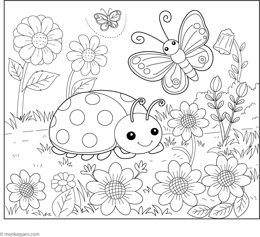 Black-and-white coloring page with ladybug, butterfly, and flowers