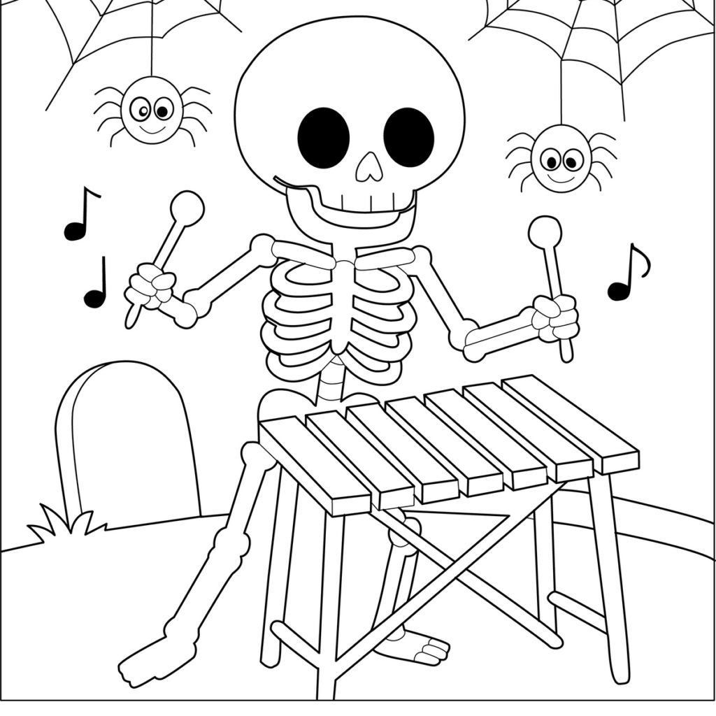 Skeleton playing xylophone with spiders and musical notes