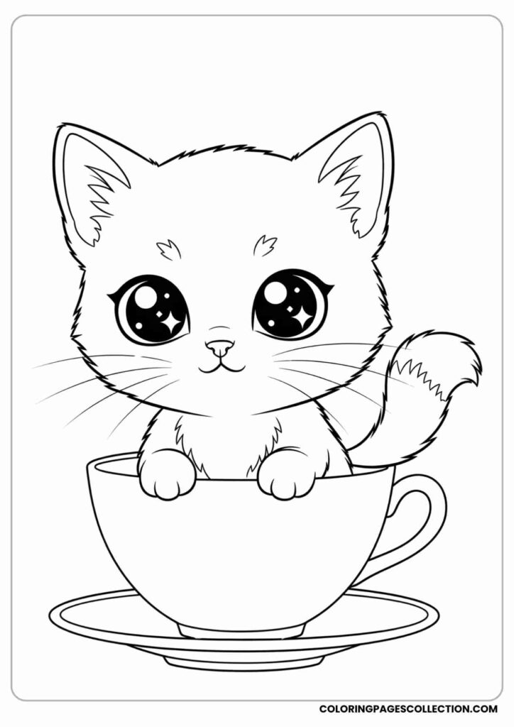 Cute kitten sitting in a teacup coloring page