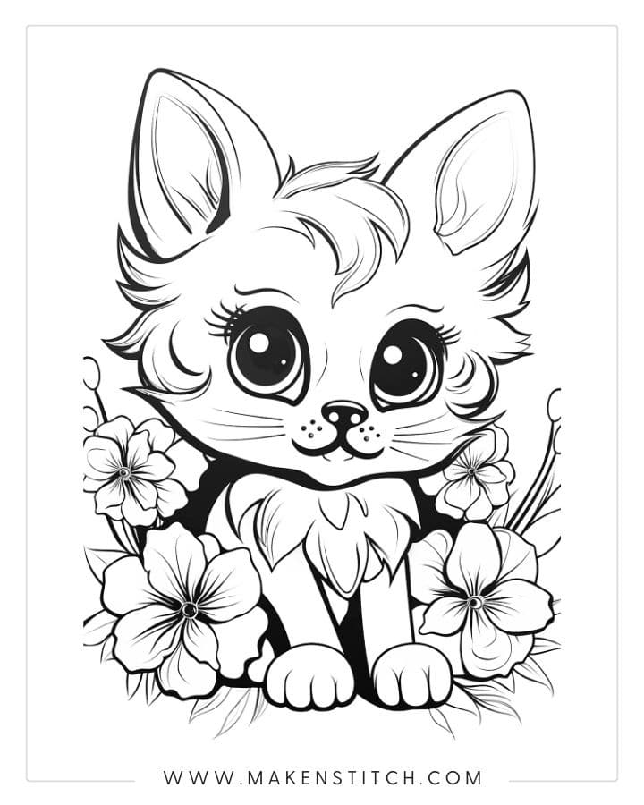 Cute cartoon kitten surrounded by flowers on white background