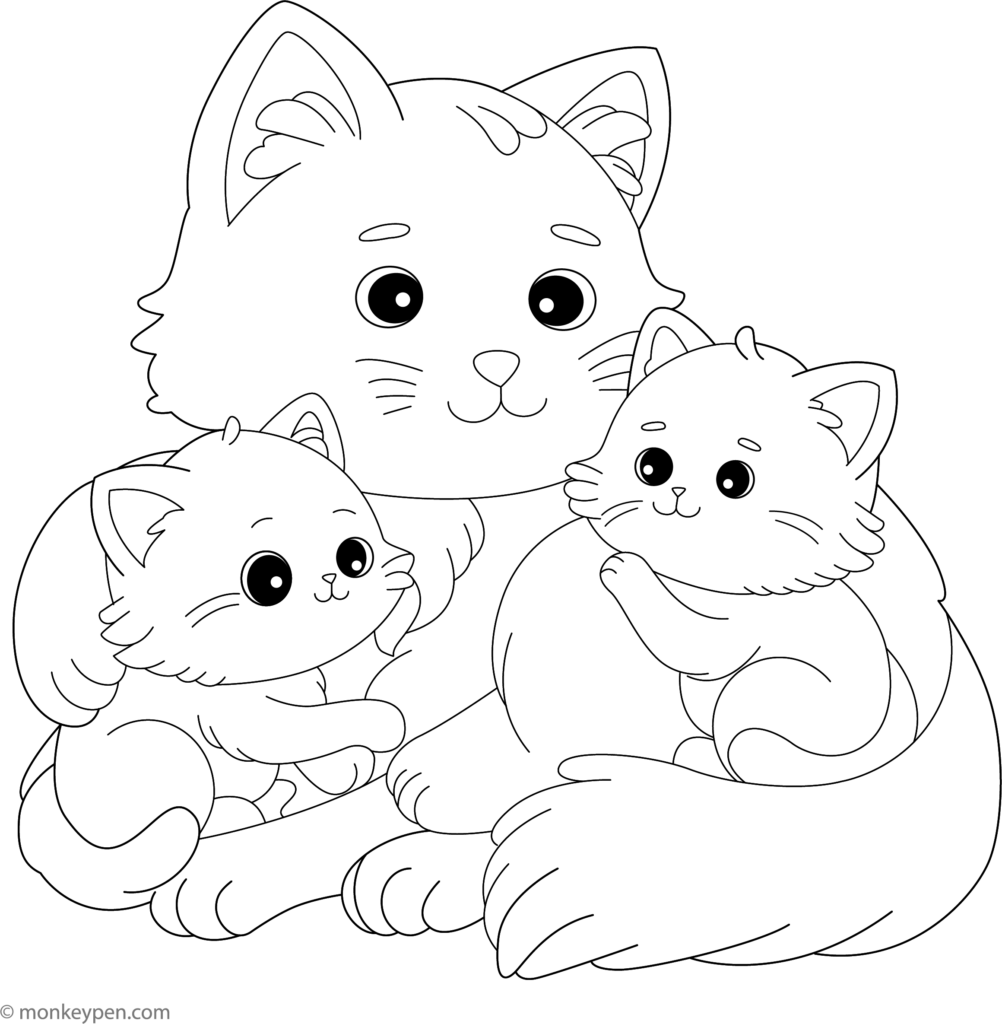 Three cartoon kittens cuddling together in black-and-white line art