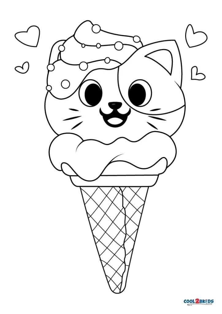 Cartoon cat ice cream cone with hearts and sprinkles