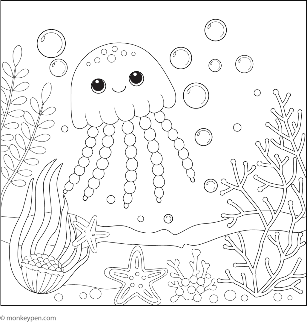 Cute jellyfish in underwater coloring page scene