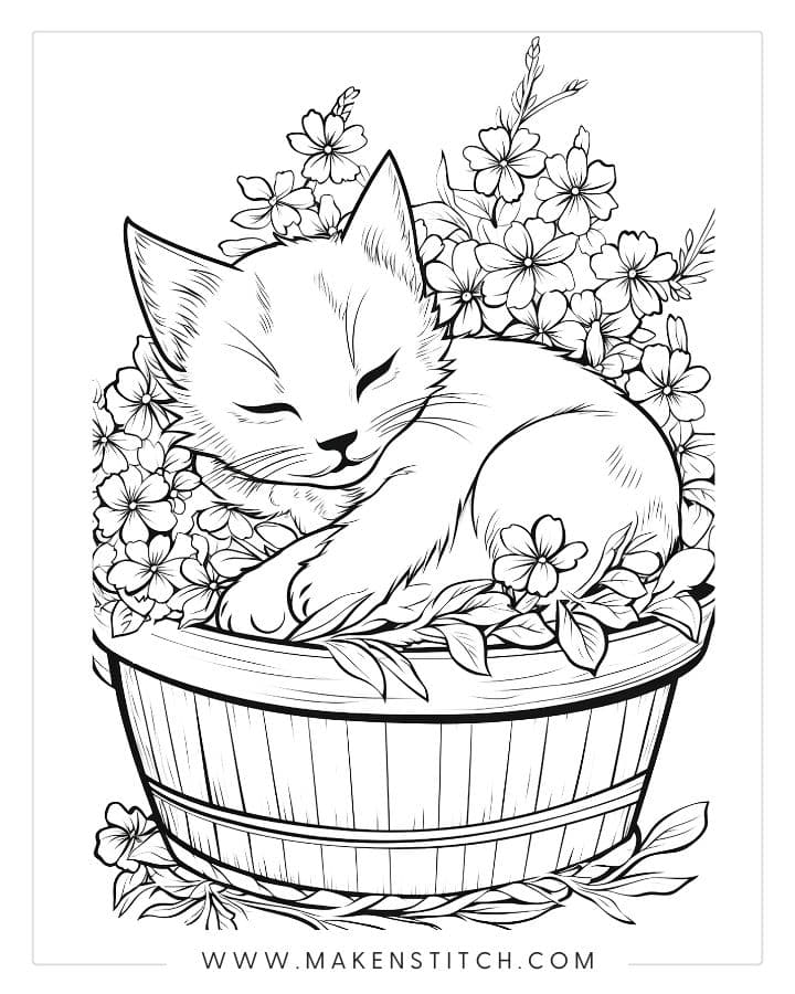 Sleeping kitten in flower-filled basket coloring page