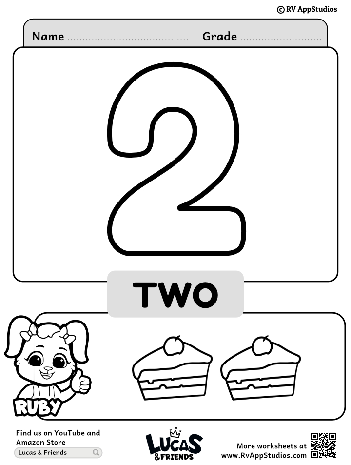 Worksheet with large number two and two cakes