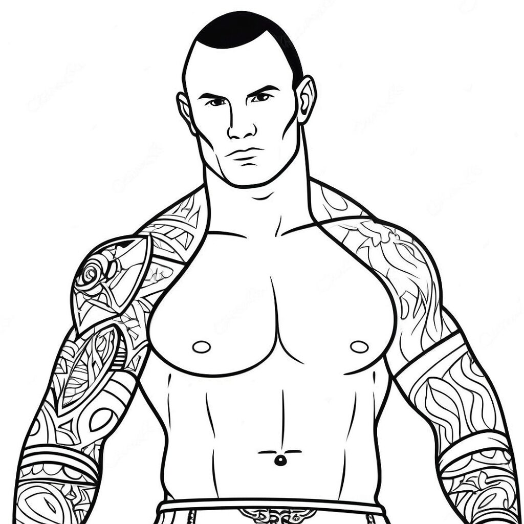 Line drawing of tattooed muscular man, torso and head