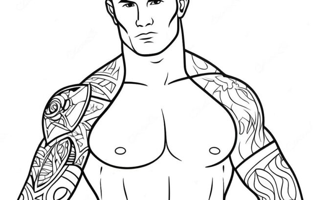 Line drawing of tattooed muscular man, torso and head