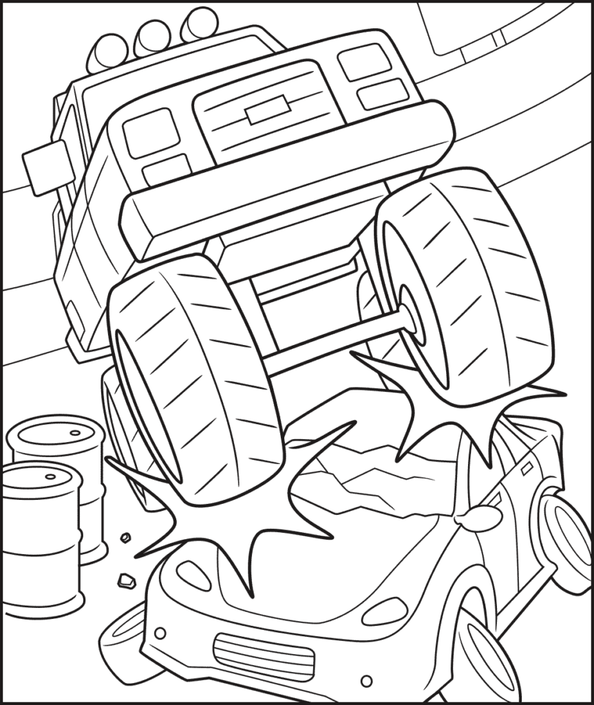 Black-and-white cartoon of two crashing monster trucks