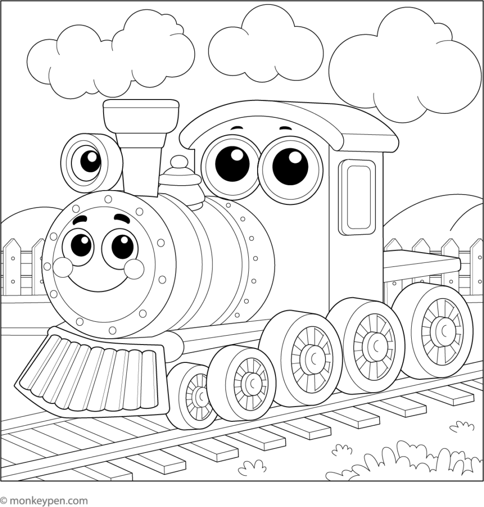 Cartoon train with big eyes on tracks, black-and-white outline