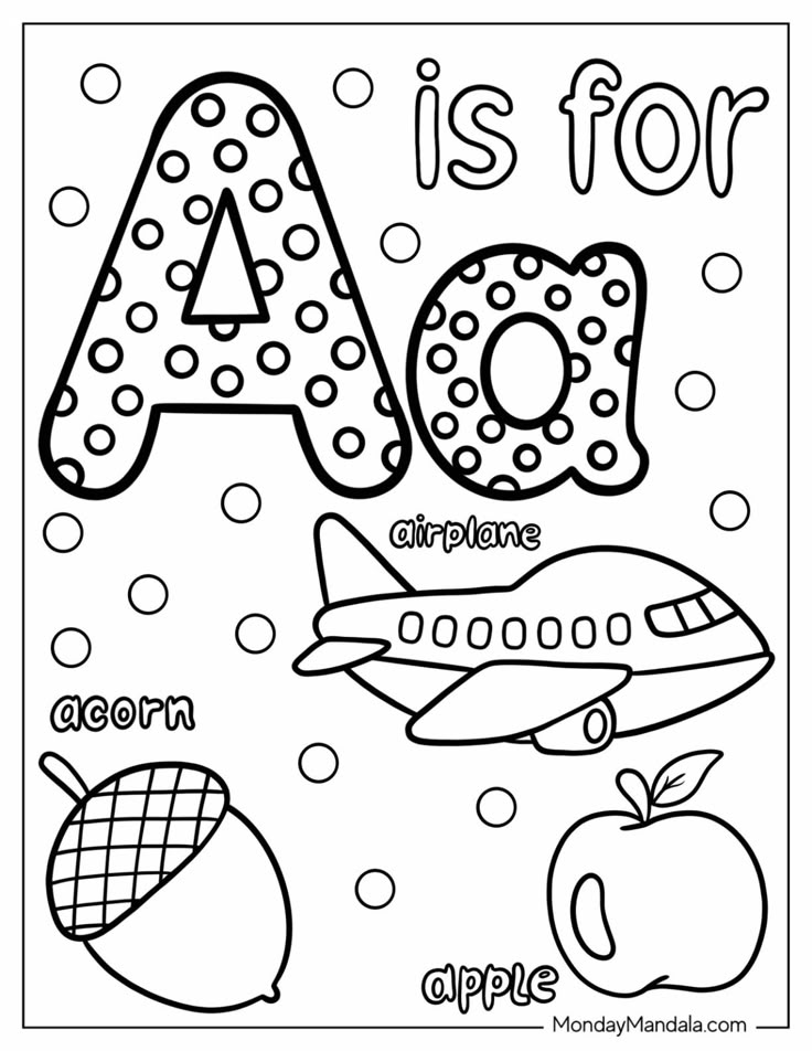 Alphabet A coloring page with airplane, acorn, apple