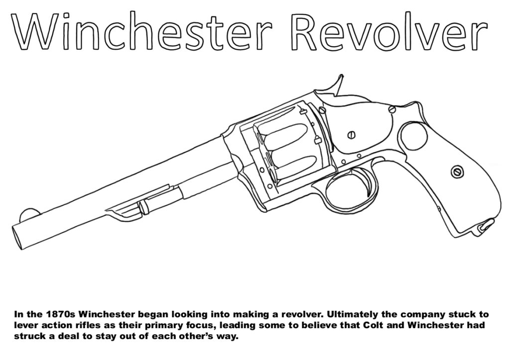 Black-and-white drawing of a Winchester revolver with text