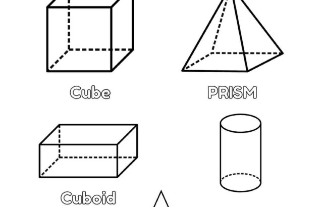 Black outline worksheet of labeled 3D shapes on white background