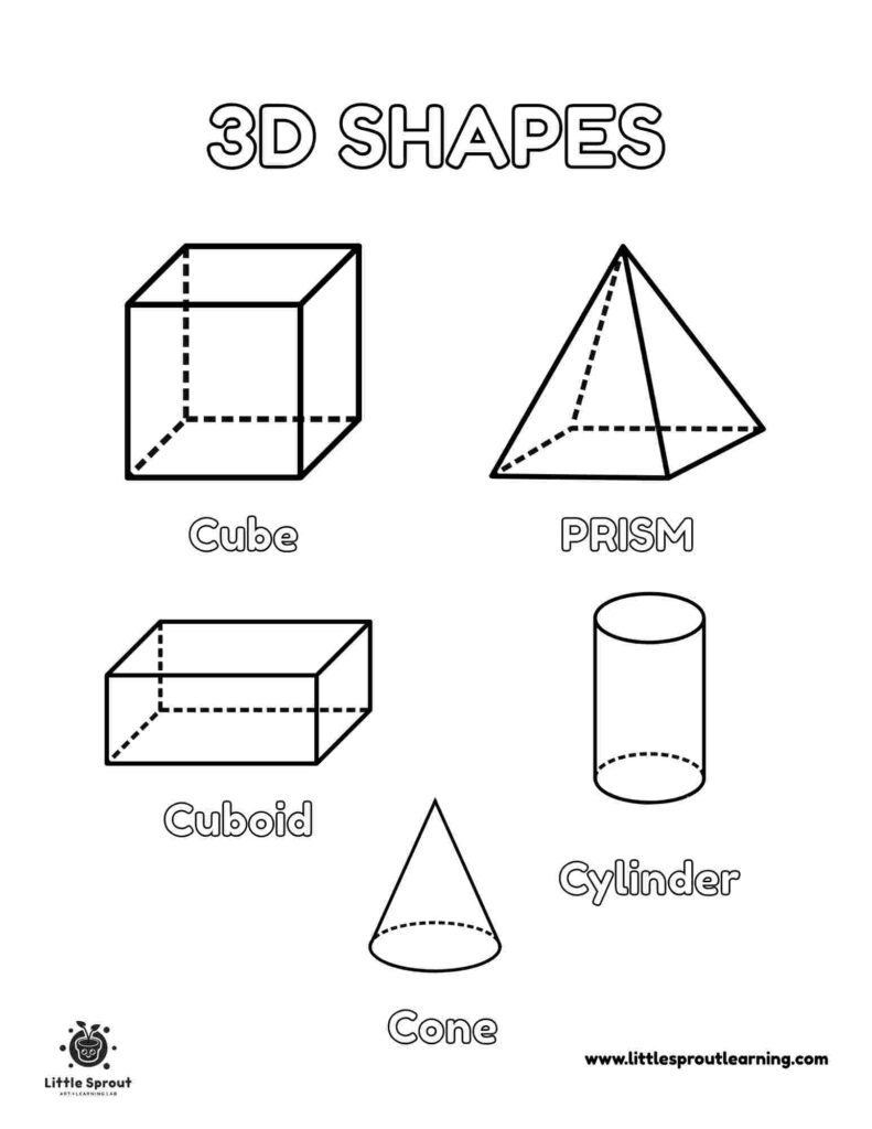 Black outline worksheet of labeled 3D shapes on white background