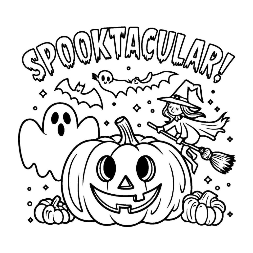 Halloween coloring page with pumpkin, ghost, witch, bats
