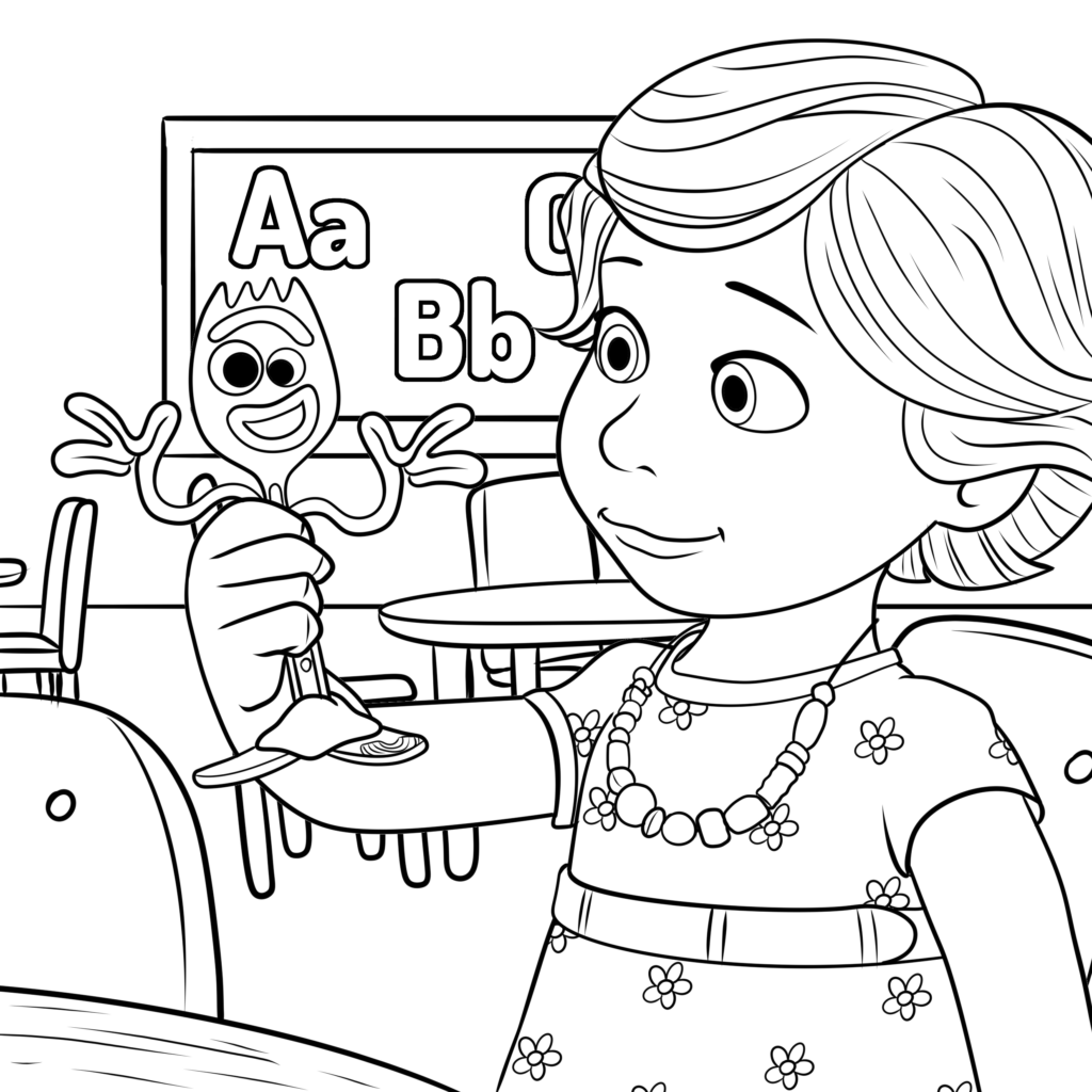 Girl holding Forky toy in classroom with alphabet board
