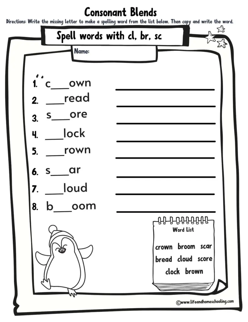 Consonant blends spelling worksheet with blank lines and penguin cartoon