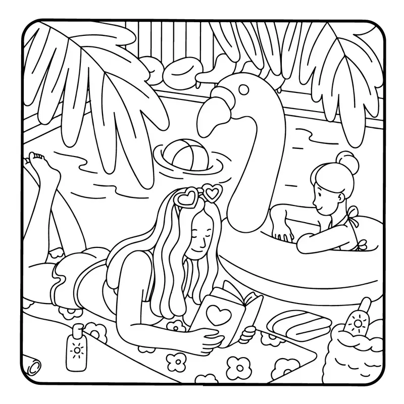 Line drawing of two girls lounging poolside with flamingo floatie