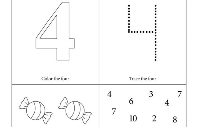 Four worksheet with tracing, candies, and number search