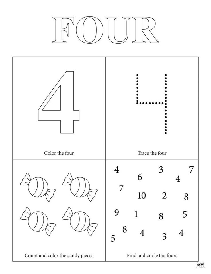 Four worksheet with tracing, candies, and number search