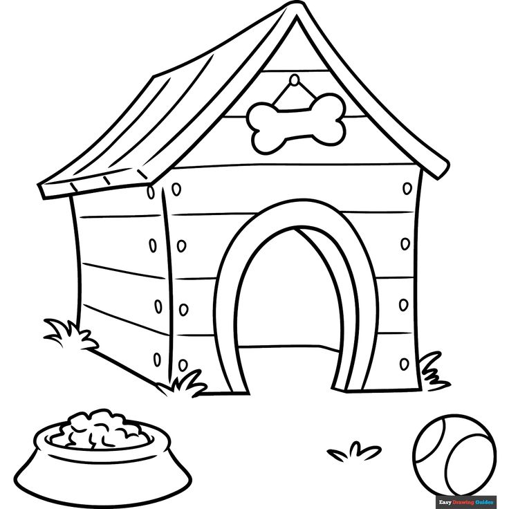 Dog house with bone sign and food bowl coloring page