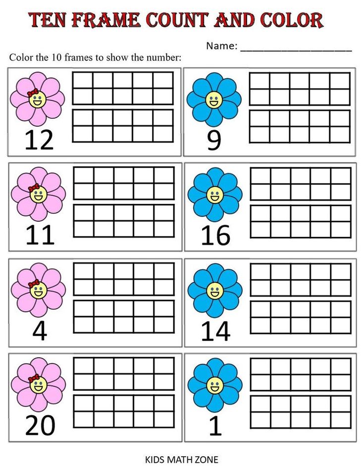 Children’s math worksheet with flowers and ten frames