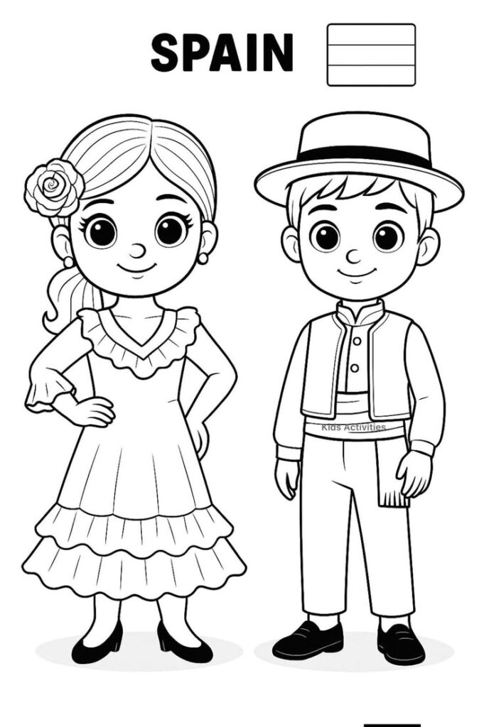 Black-and-white coloring page of two Spanish children in traditional dress