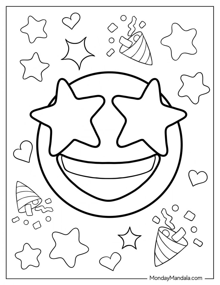 Smiling face with star eyes and party hats, outlined