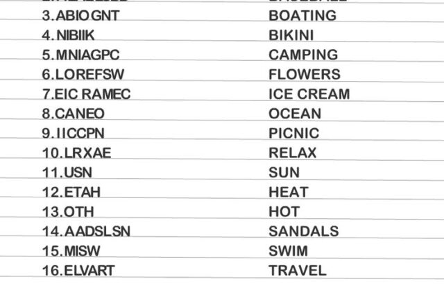 Summer Word Scramble Solution worksheet with answers