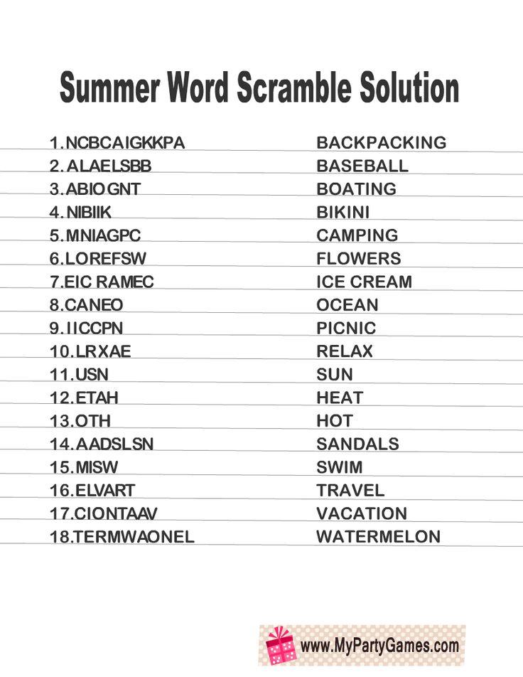 Summer Word Scramble Solution worksheet with answers