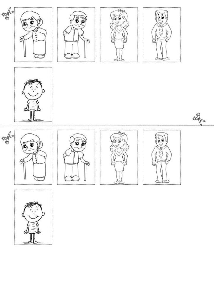 Black-and-white worksheet with cartoon people and scissors icons
