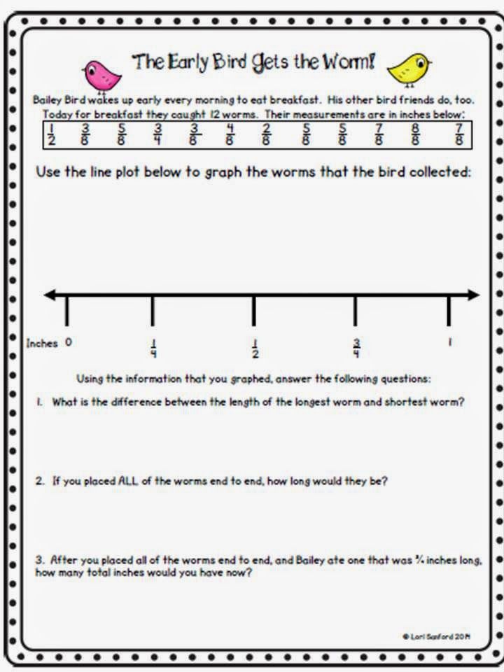 Bird math worksheet with worms and a blank line plot