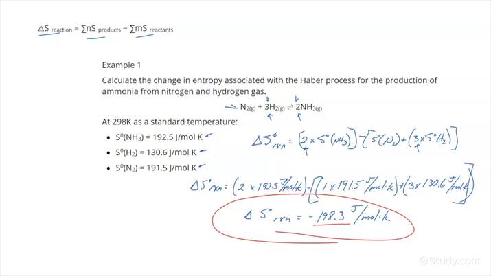 Chemistry entropy calculation example on white page, handwritten notes
