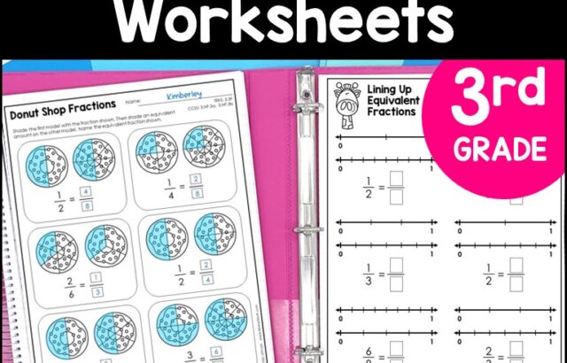 Fraction worksheets in pink binder, third grade label
