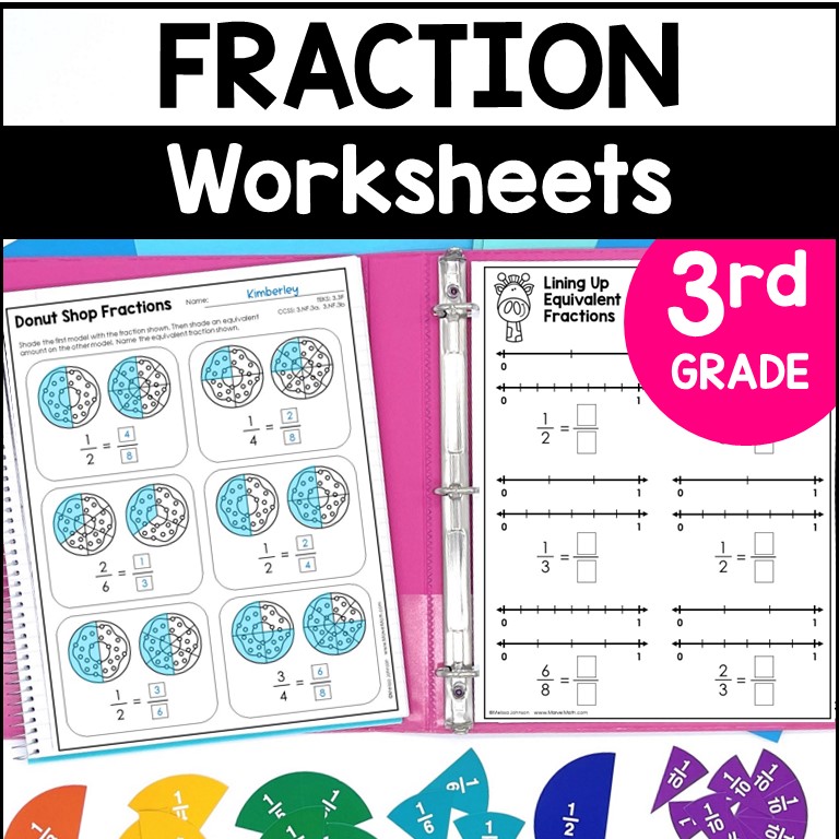 Fraction worksheets in pink binder, third grade label