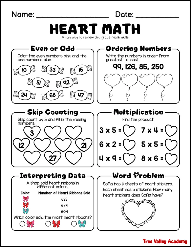 Heart math worksheet with numbered candy and hearts