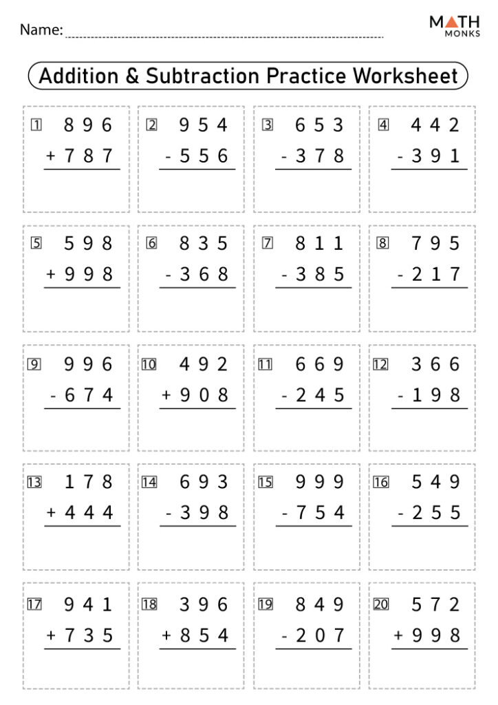Math monks addition and subtraction practice worksheet page