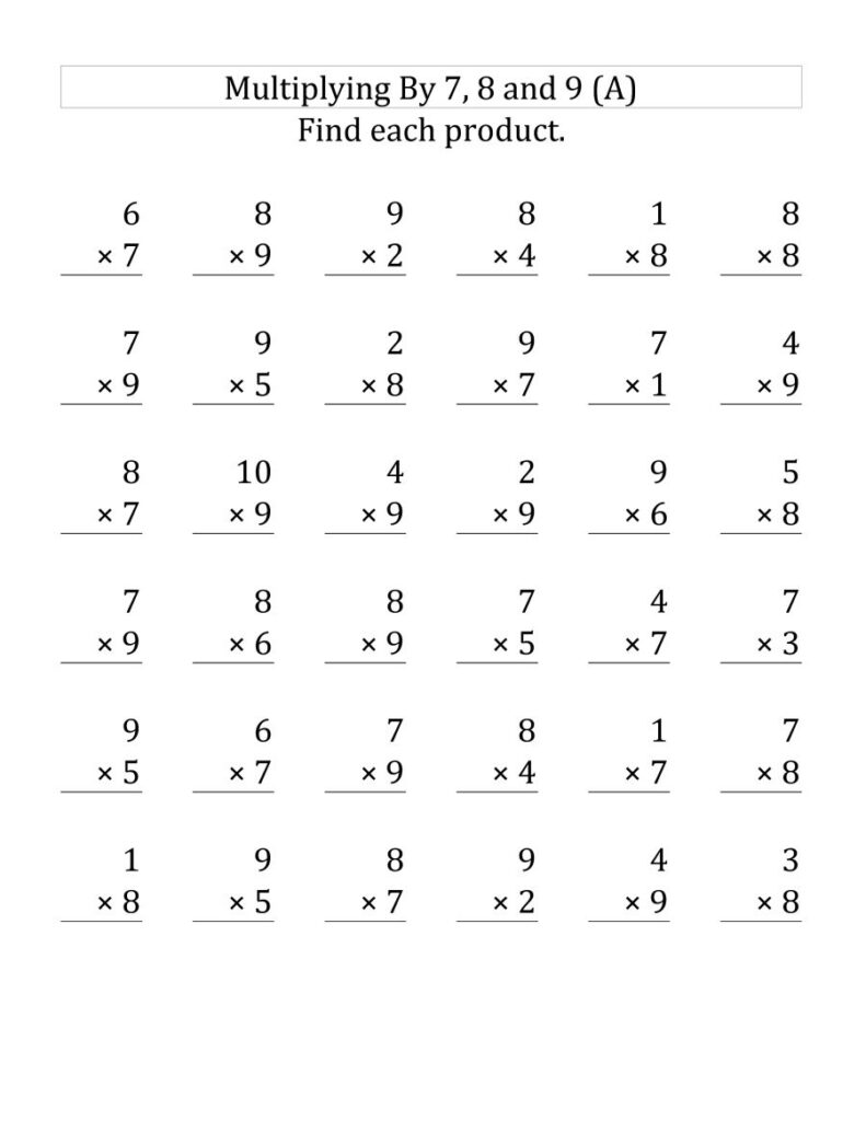Multiplication worksheet with 7, 8, and 9 problems