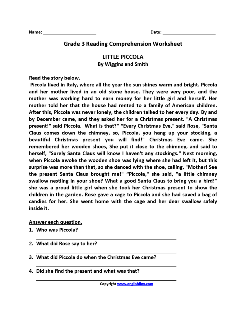Grade 3 Reading Comprehension Worksheet page with story text at top