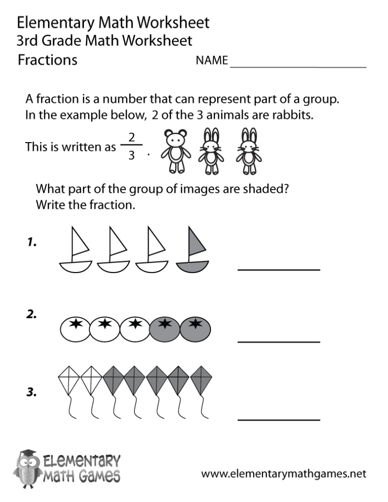 Fractions worksheet with shaded boats, circles, and kites