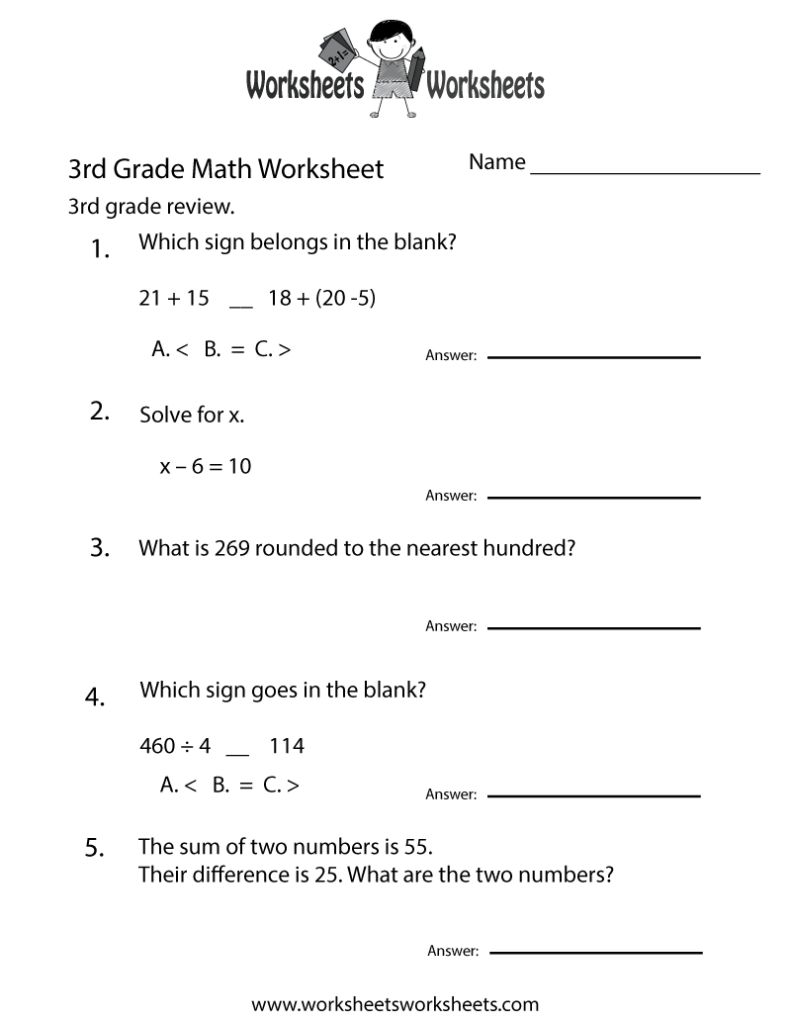 Third grade math worksheet with five questions and answer lines