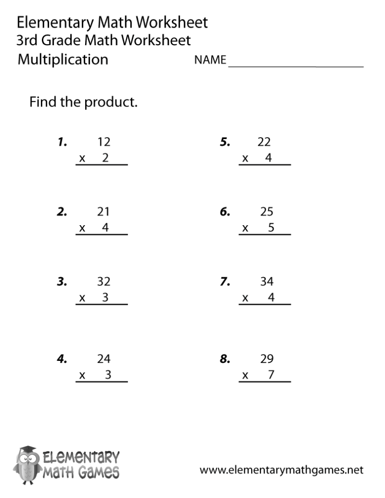 Elementary math worksheet with multiplication problems and name line