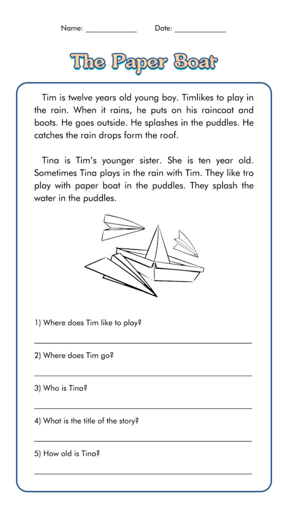 Printable worksheet page titled The Paper Boat with paper boats illustration.