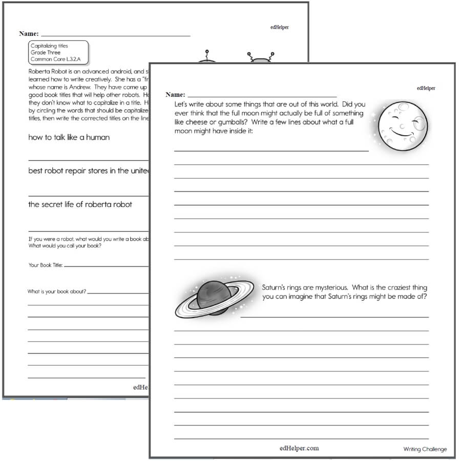 Two overlapping space-themed writing worksheet pages