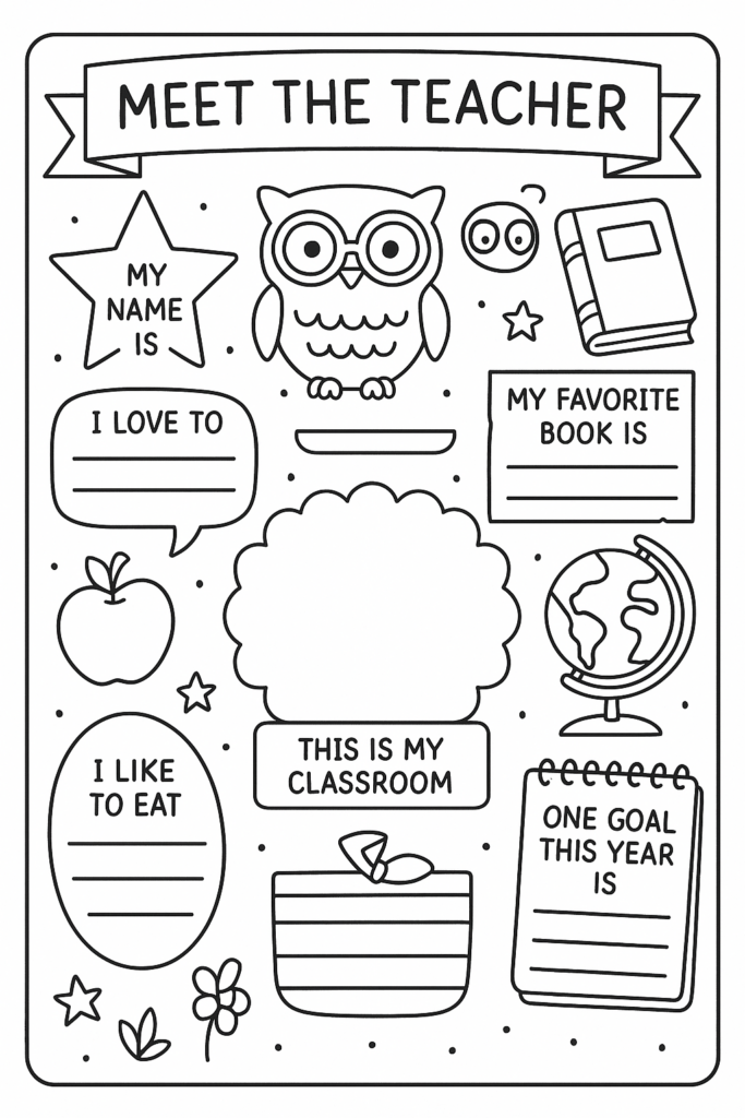 Black-and-white teacher introduction worksheet with icons and prompts