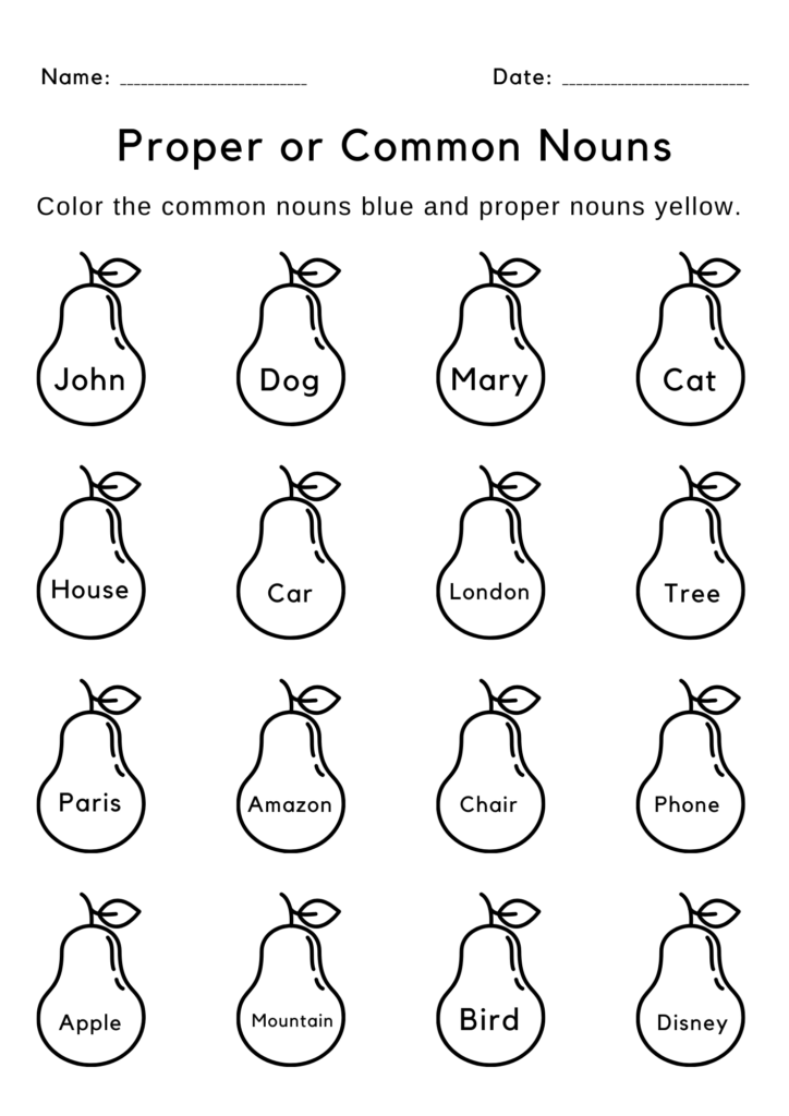 Proper or Common Nouns worksheet with pear icons and words